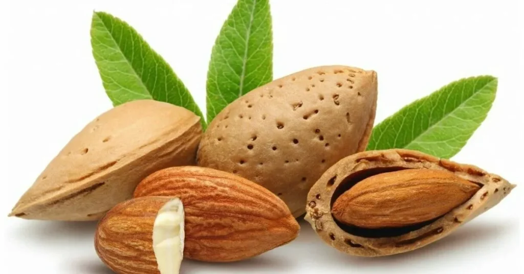 A variety of almonds, both whole and shelled, alongside green almond leaves on a white background.