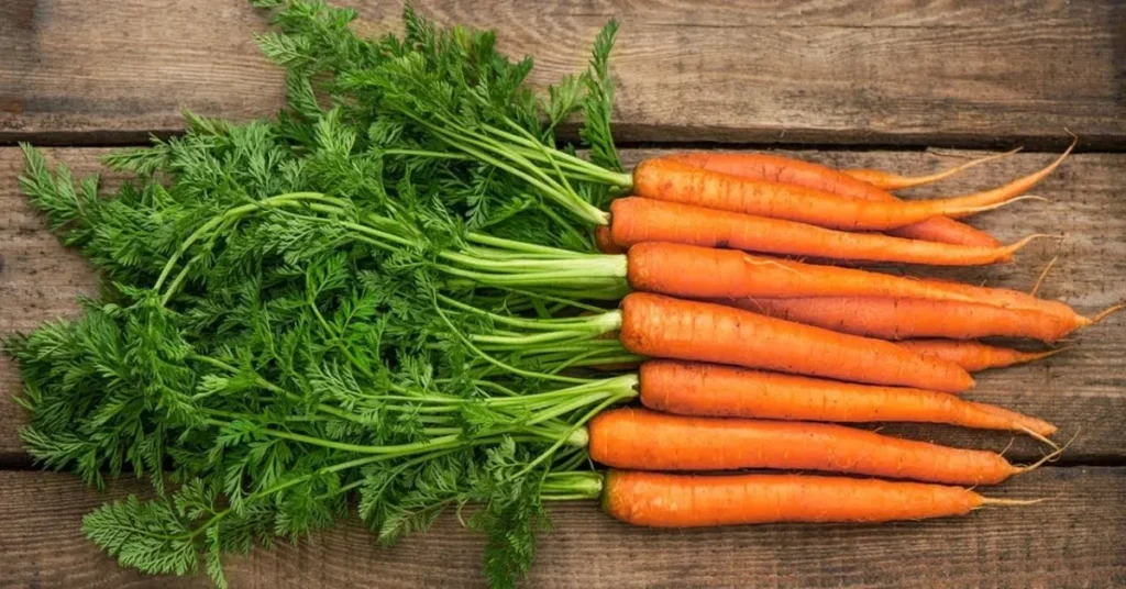 A bunch of fresh carrots with green tops attached, laid out on a wooden surface.