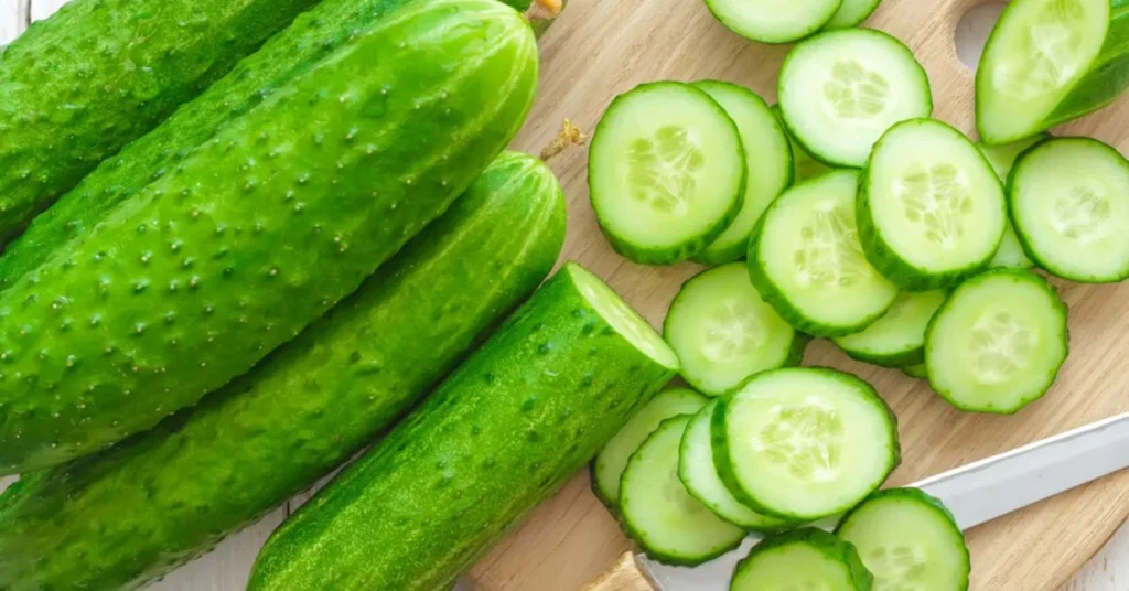 Fresh green cucumbers, whole and sliced, arranged on a wooden cutting board next to a knife.