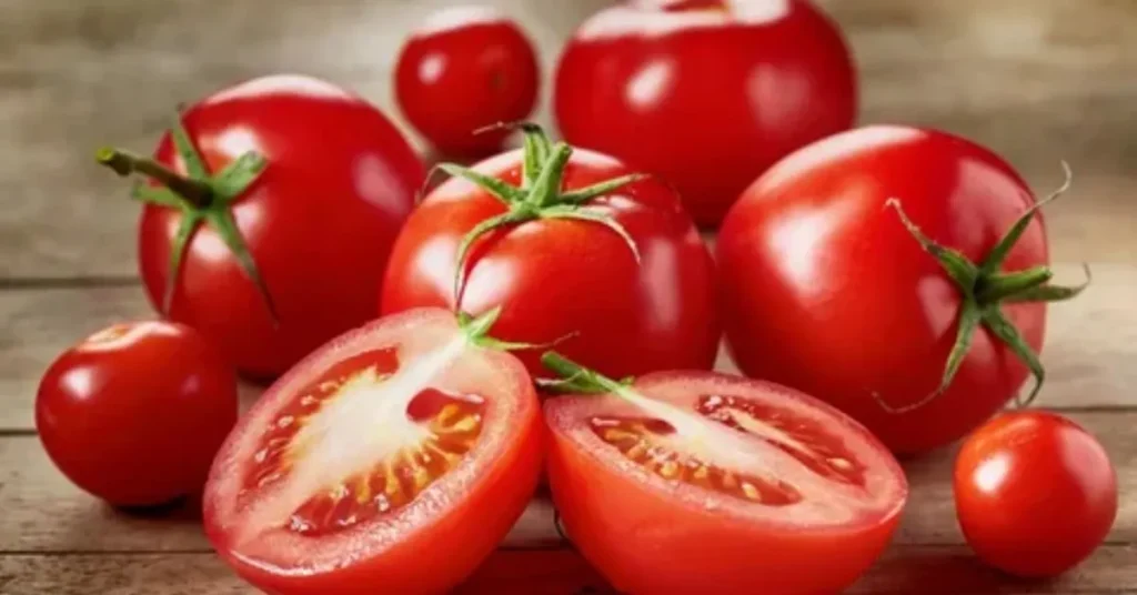 A cluster of ripe red tomatoes, including whole and halved varieties, displayed on a rustic wooden surface.