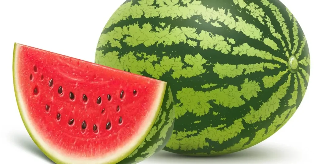 A whole green watermelon with distinctive striping, alongside a vibrant red slice revealing black seeds.