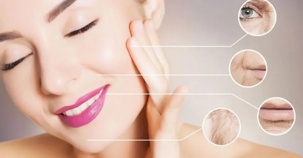 A close-up image of a woman with smooth, glowing skin, smiling with her eyes closed and gently touching her cheek. To the right, there are magnified insets highlighting common skin concerns such as wrinkles around the eyes, mouth, and cheeks, likely used to illustrate the benefits of using facial cream for anti-aging or skin care.